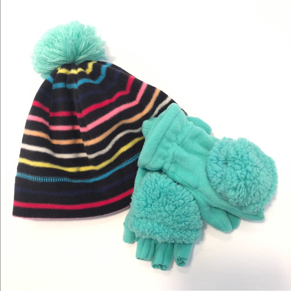 Target Girls Teal Striped Winter Beanie Mitten Set Pom Pom Convertible Size 8-16